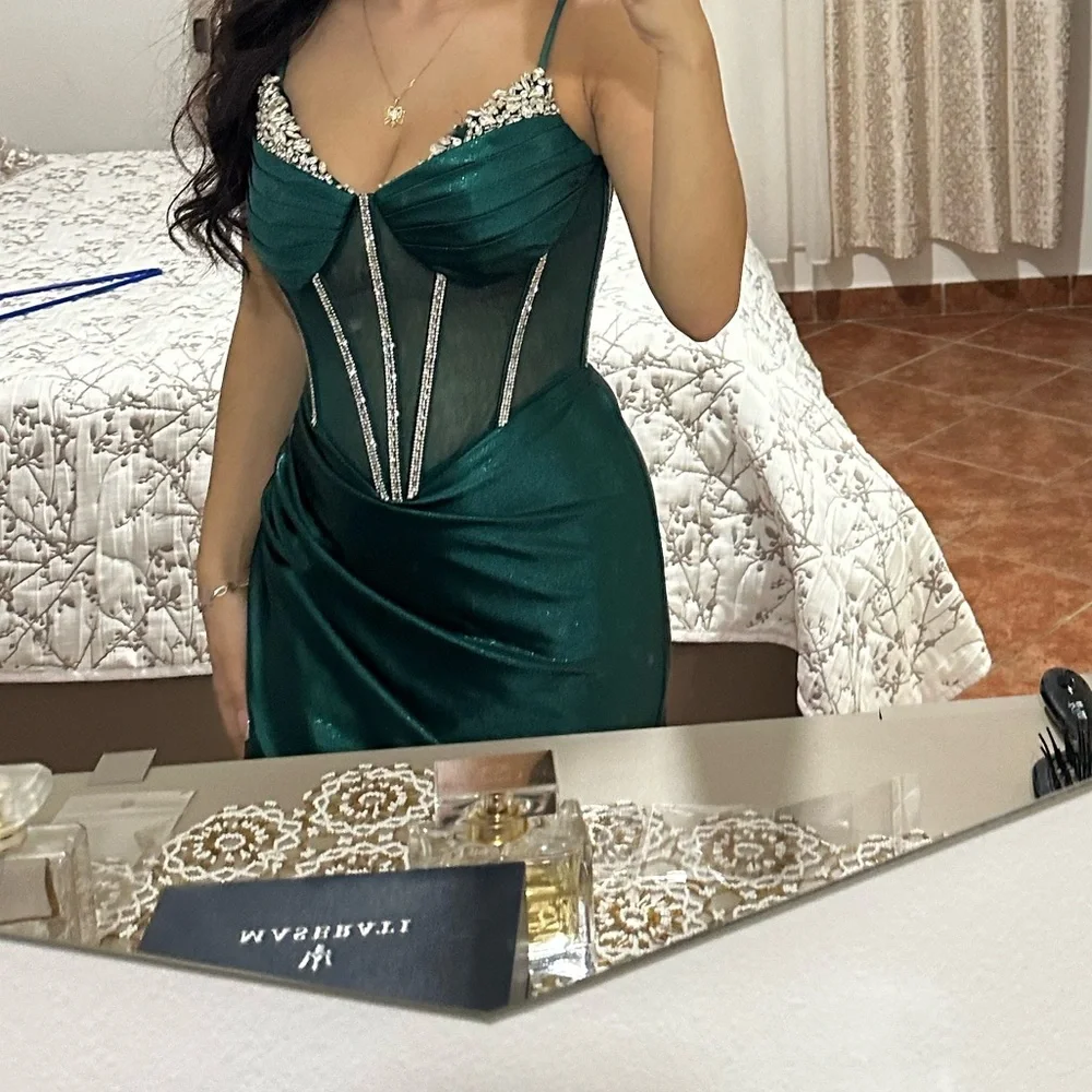 Emerald Green Satin Embellished Corset Evening Dress - Picture 6 of 7